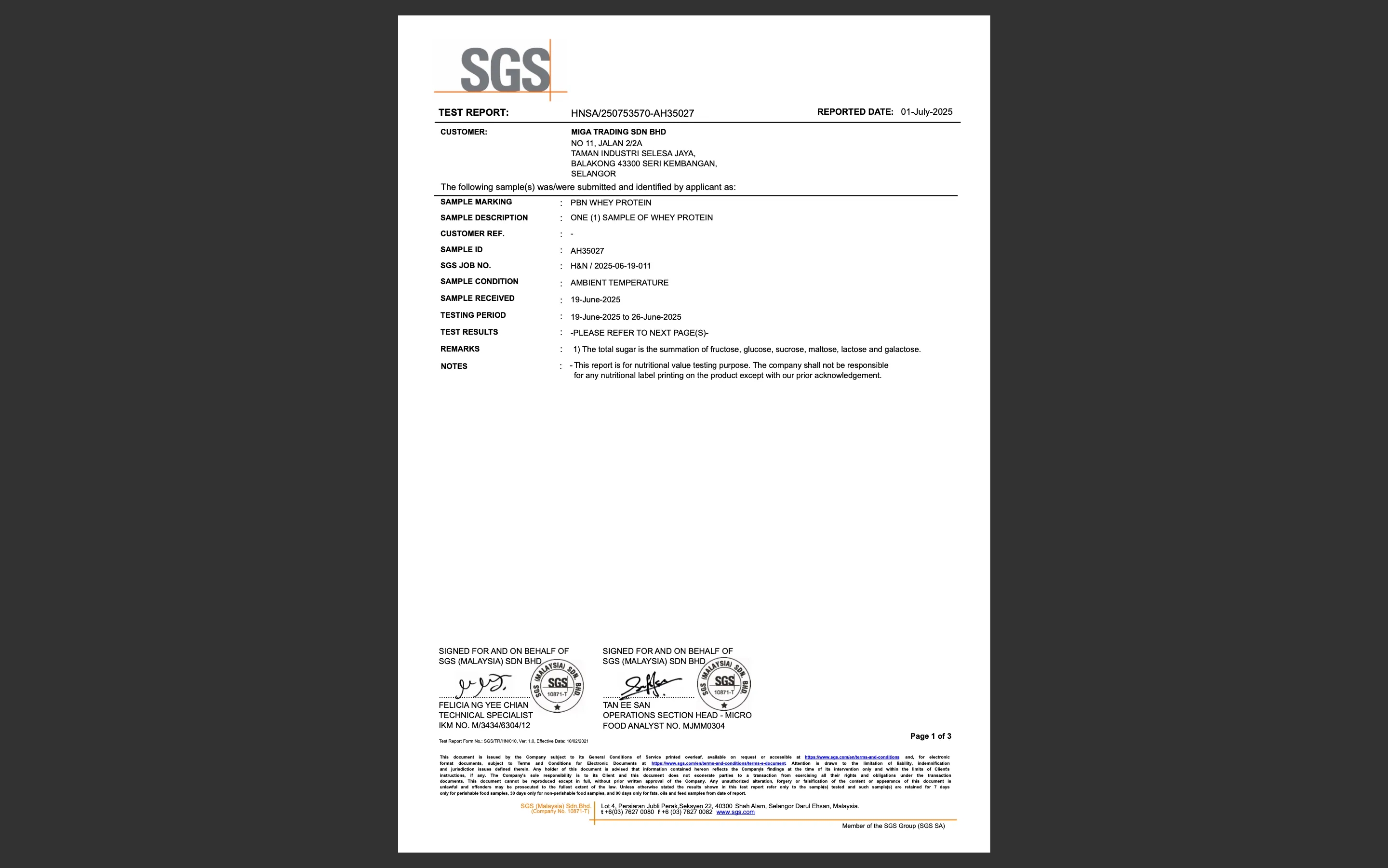 PBN SGS Laboratory Analysis